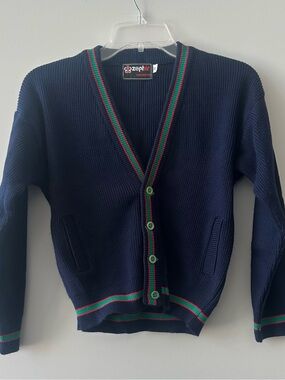 Zephyr Navy Knit V-Neck Cardigan with Stripe Trim